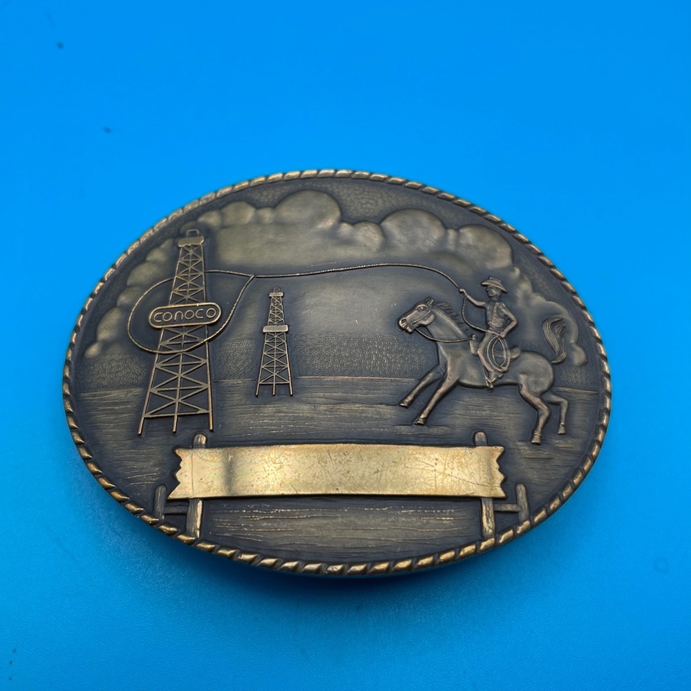 Conoco Belt Buckle Cowboy Roping Oil Derrick RM Country Western Vintage Brass